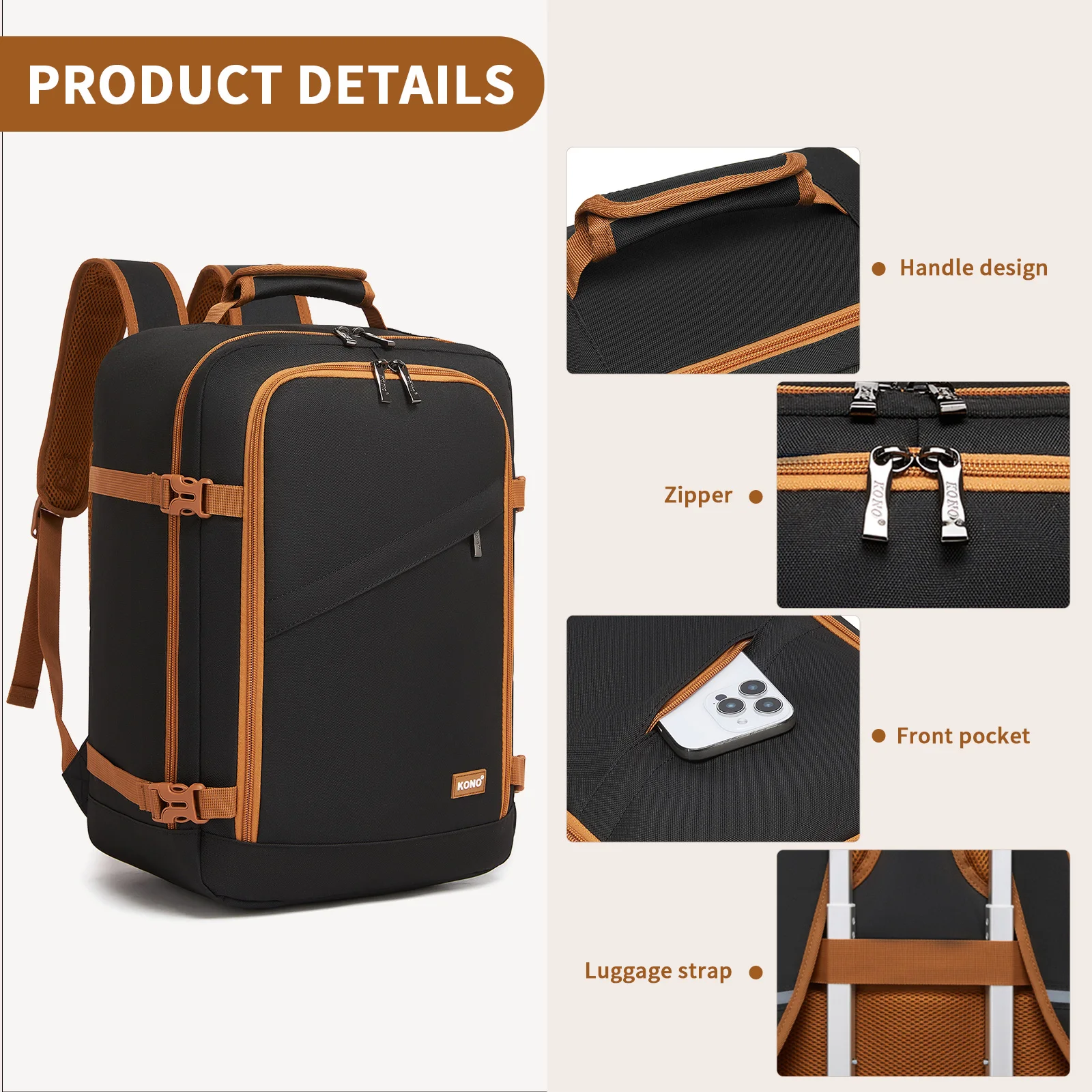 KONO Handgepäck-Tasche 40 x 30 x 20 cm (24 L) – passt unter den Sitz – Bild 5