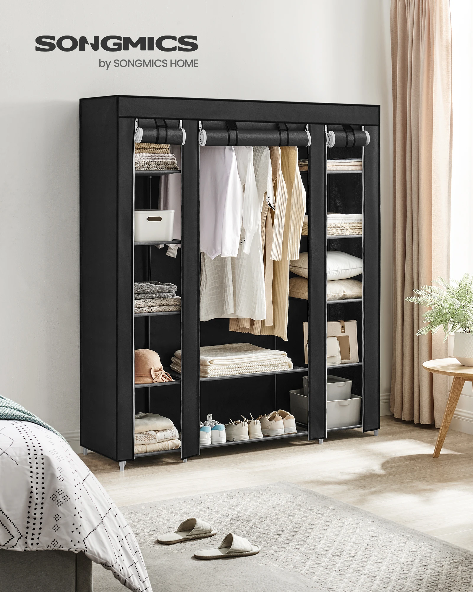 SONGMICS Stoffkleiderschrank mit Kleiderstange und Fächern – Bild 11