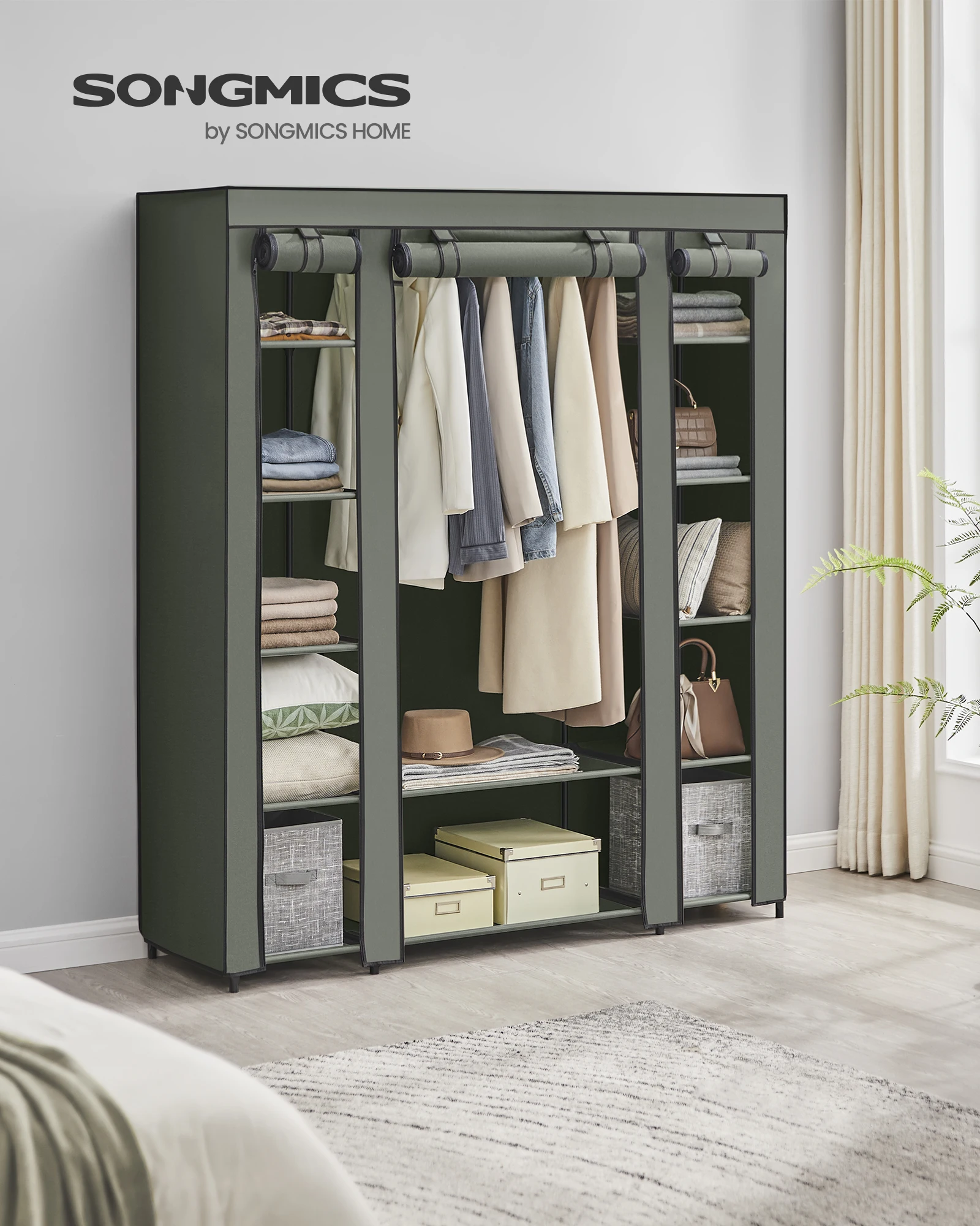SONGMICS Stoffkleiderschrank mit Kleiderstange und Fächern – Bild 9