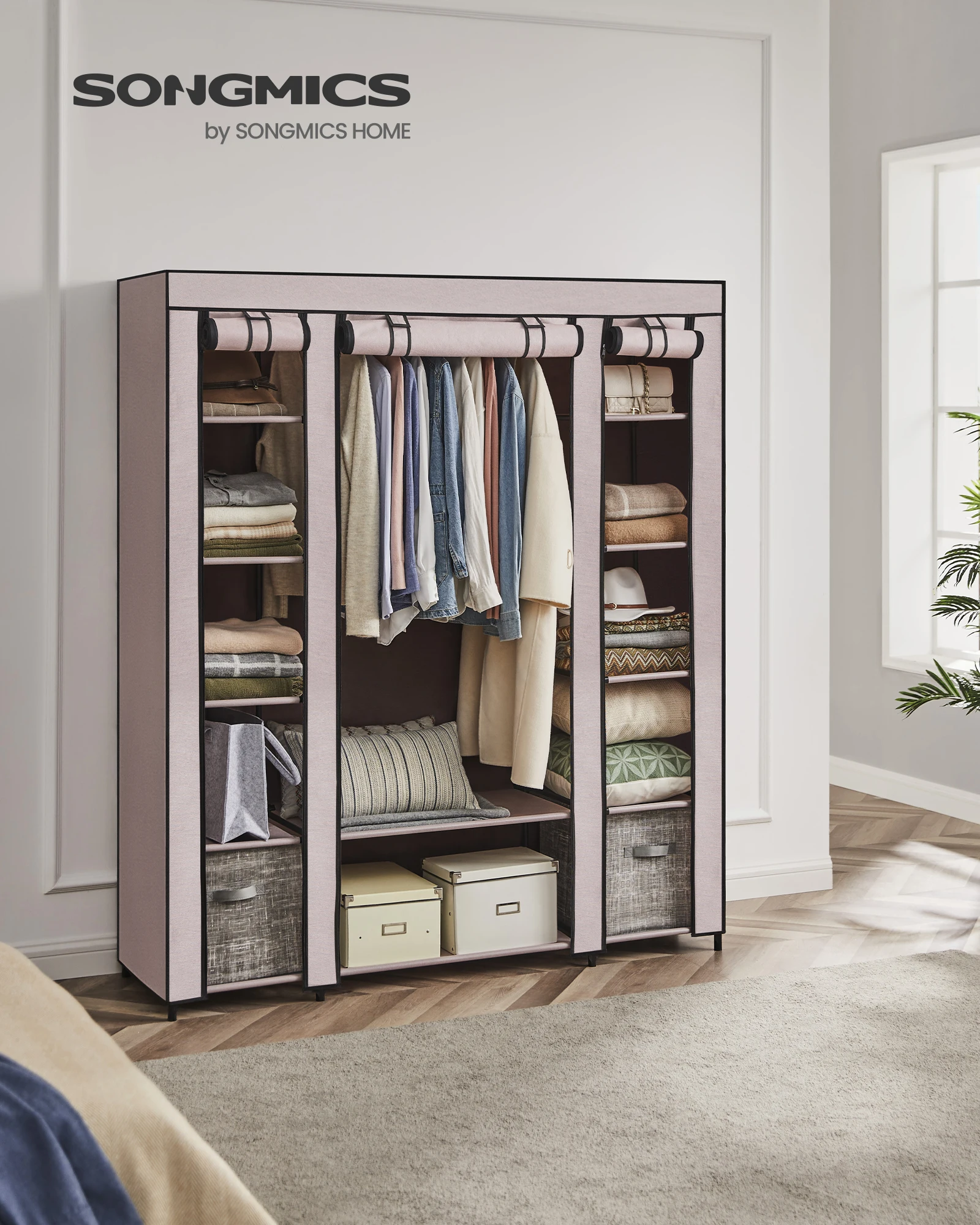 SONGMICS Stoffkleiderschrank mit Kleiderstange und Fächern – Bild 10