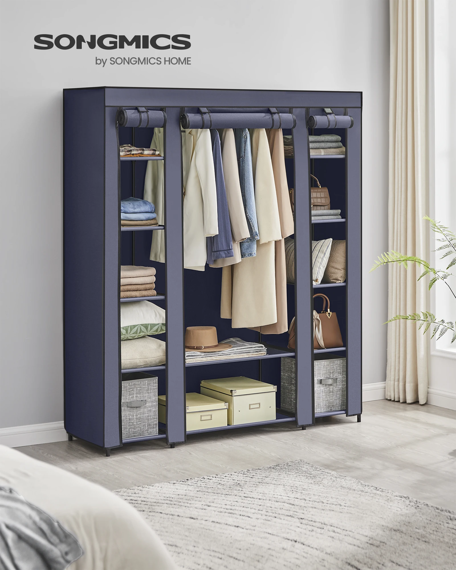 SONGMICS Stoffkleiderschrank mit Kleiderstange und Fächern – Bild 8