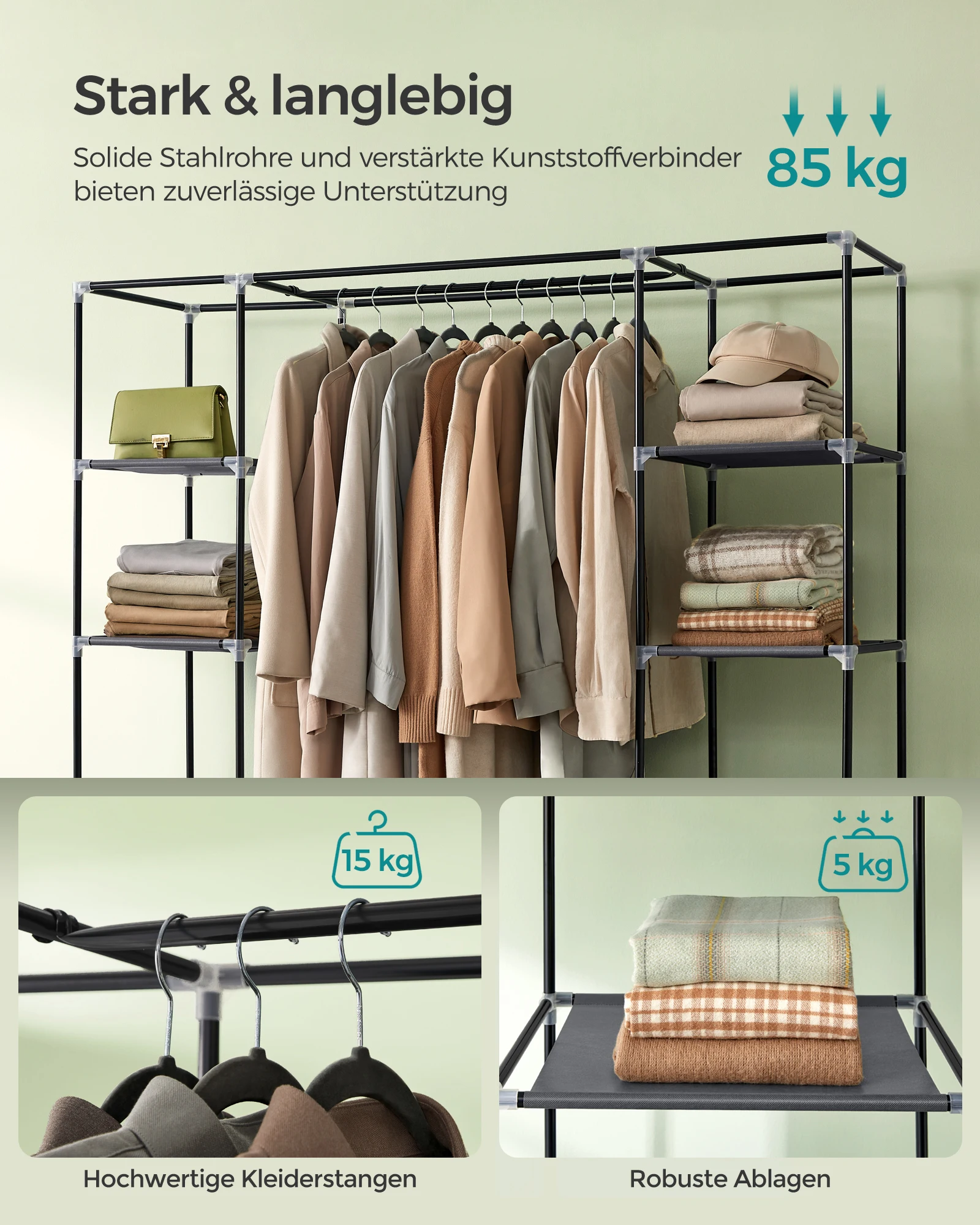 SONGMICS Stoffkleiderschrank mit Kleiderstange und Fächern – Bild 4