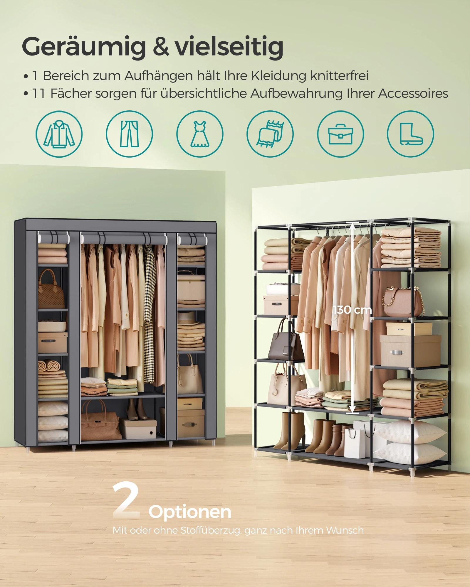 SONGMICS Stoffkleiderschrank mit Kleiderstange und Fächern – Bild 5