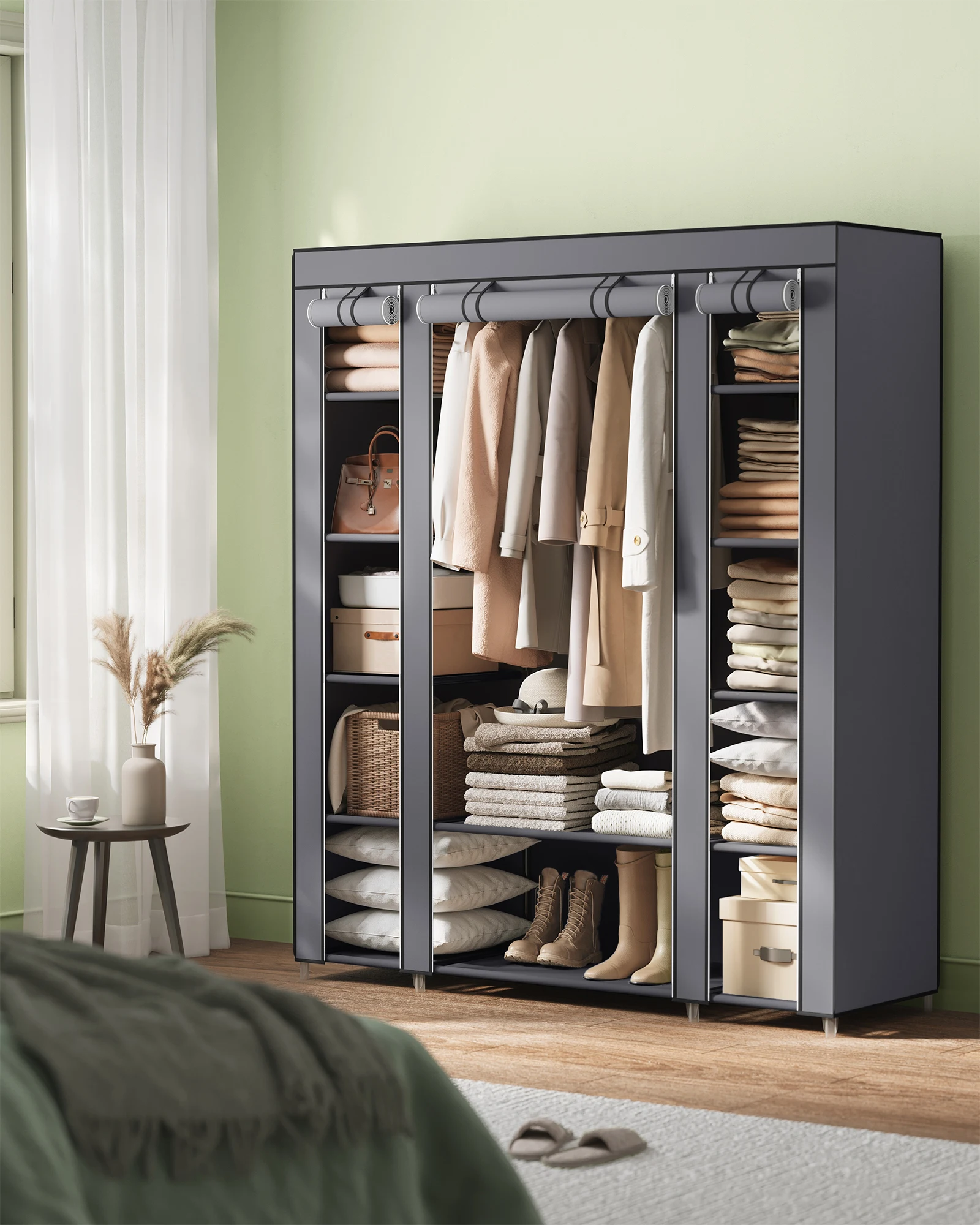 SONGMICS Stoffkleiderschrank mit Kleiderstange und Fächern
