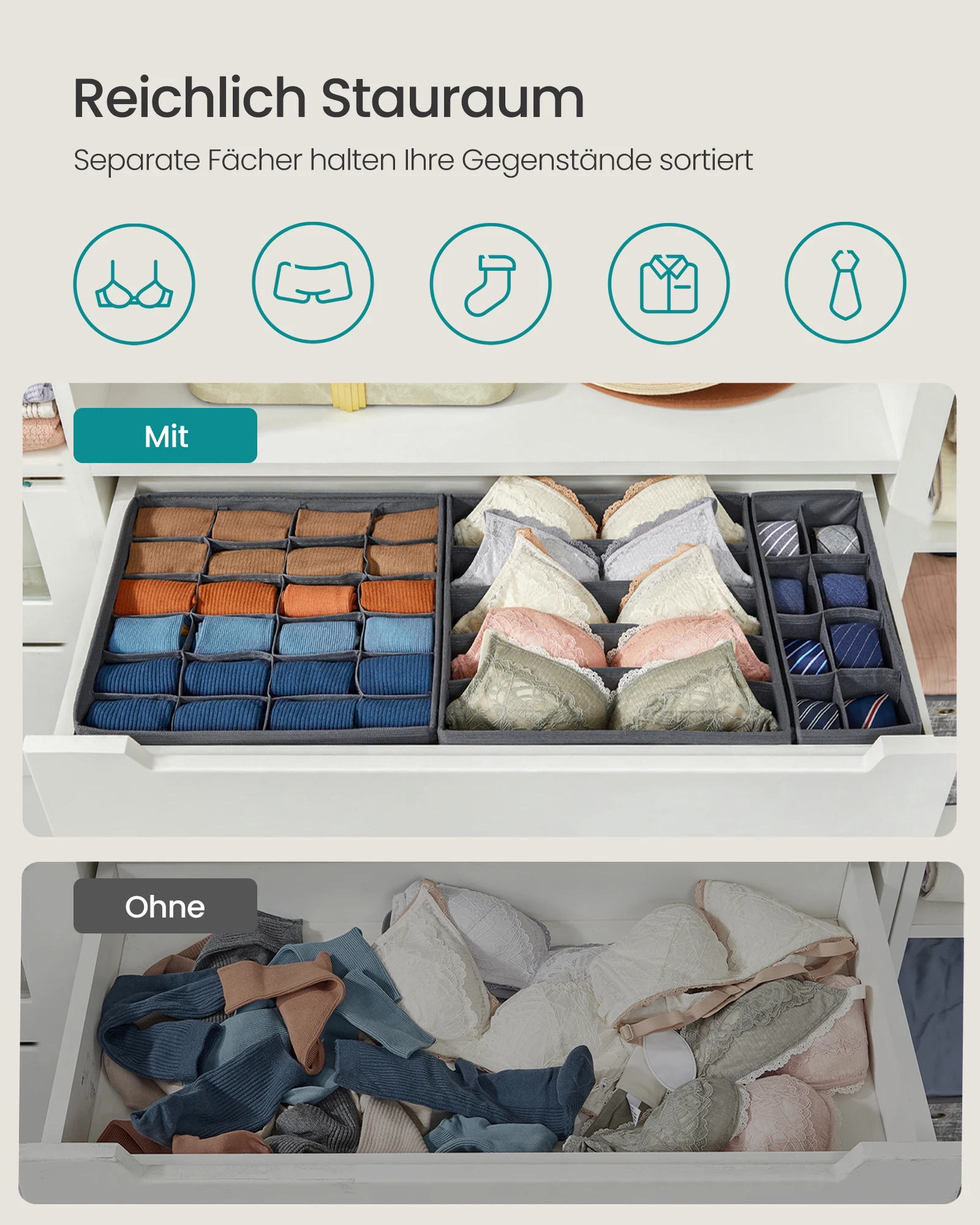 SONGMICS Schubladen-Organizer 8er-Set für Unterwäsche, Socken & Co. – Bild 3