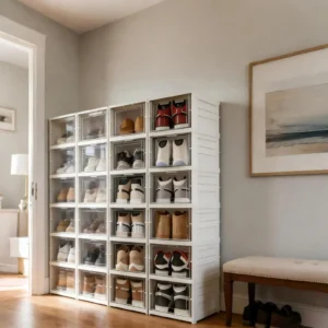 Schuhboxen-Turm mit 6 Fächern, faltbar und transparent