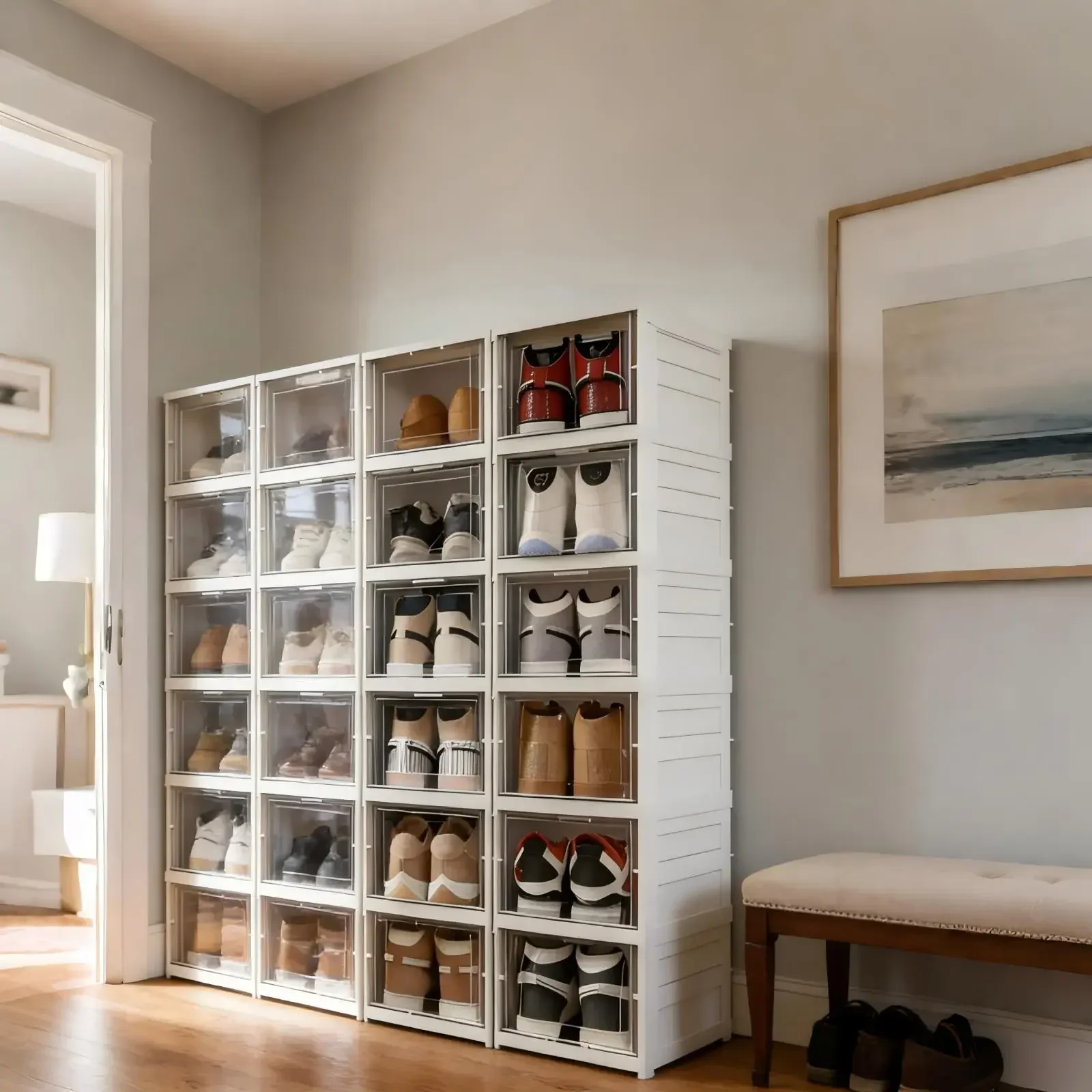 Schuhboxen-Turm mit 6 Fächern, faltbar und transparent